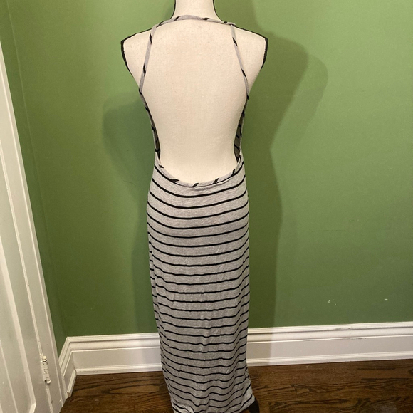 Women's Rebel Sugar Grey Black Striped Halter Backless Maxi Dress M - Picture 2 of 8